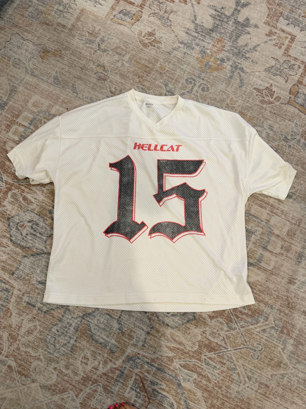 Hollister White 'Hellcat 15' Mesh Jersey with Black and Red Graphics